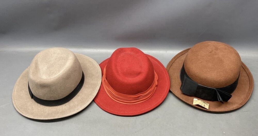 Vnt Lot Of 3 ARLIN Lancaster 100 Wool Felt Cloche Hat Ribbon Bow USA 20s Fedora